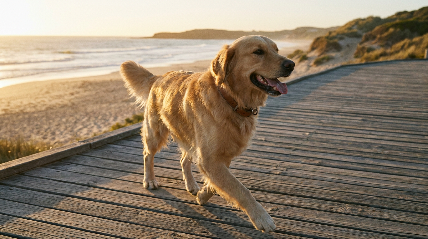 Hero image — golden retriever on sunny coastal boardwalk